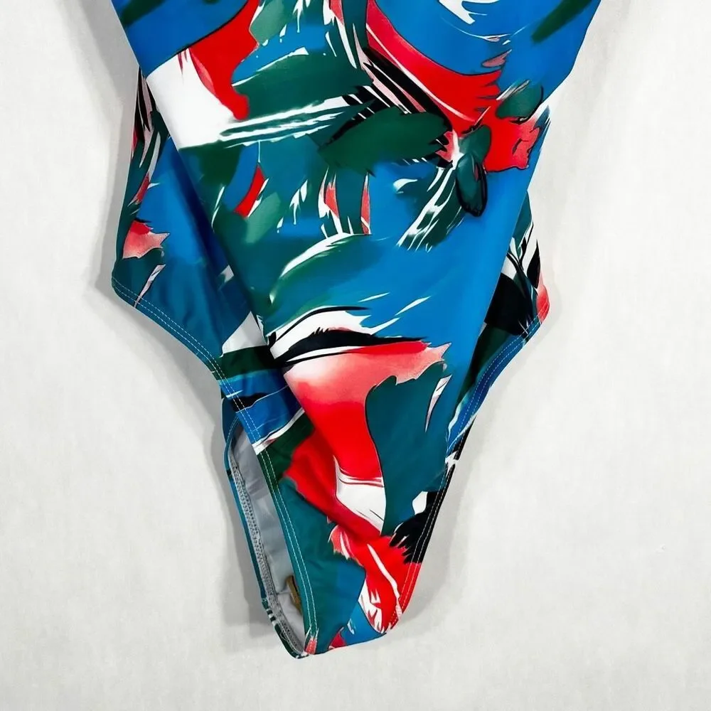 Tropical Swimsuit Size Large Womens One Piece Tie Straps Red Blue Green NWOT 558